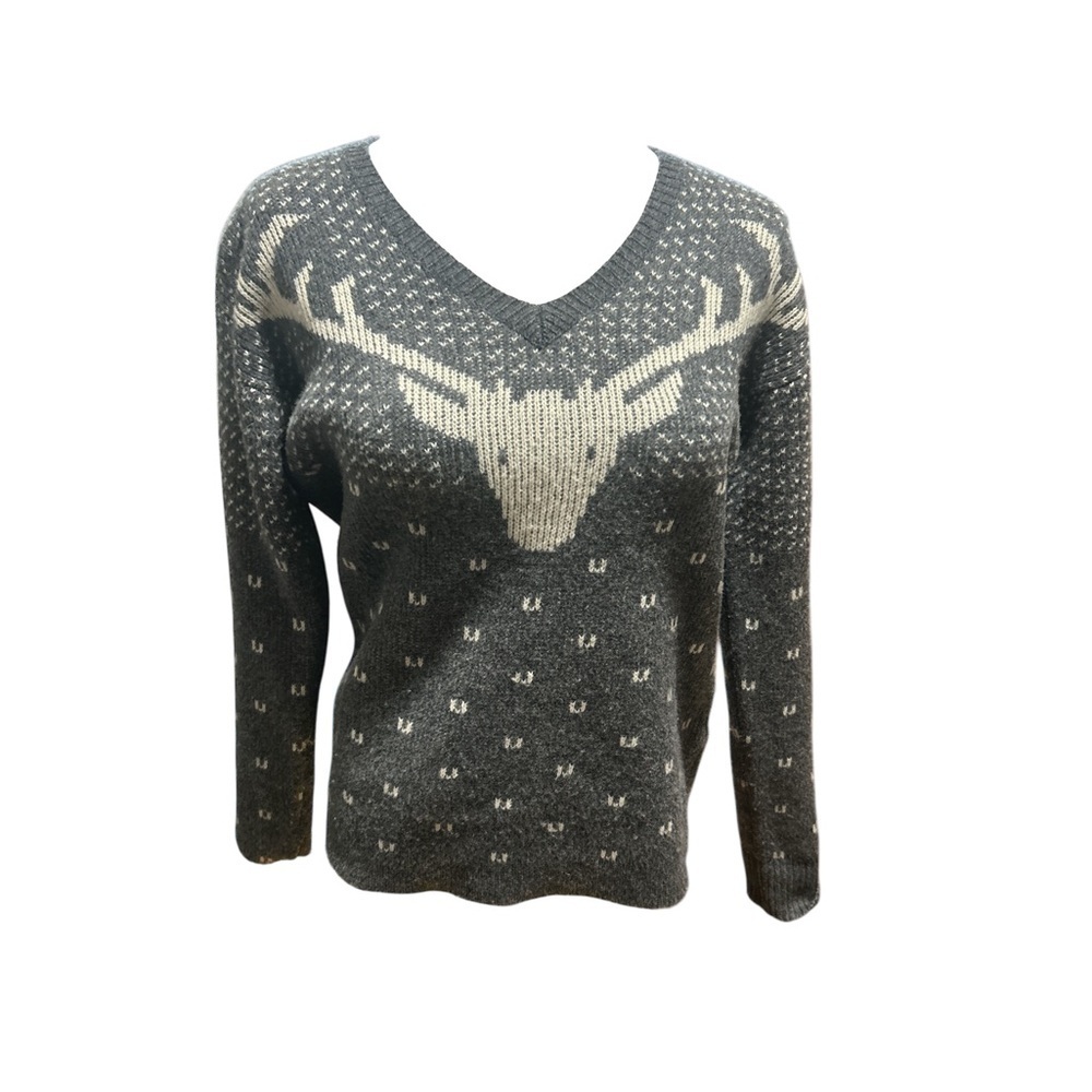 J.Crew 100% Wool Reindeer Sweater Gray White V Neck Nordic Small - Picture 7 of 9